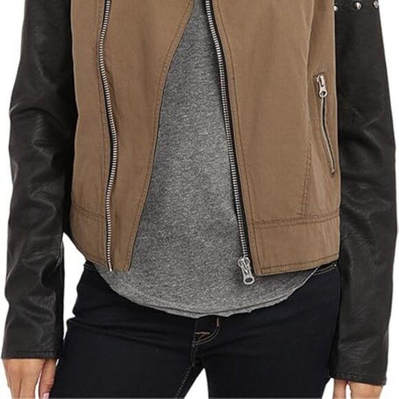 Volcom NEW Metallic Studs MOTO Jacket Faux Leather Sleeves Cotton Bomber Women's - Picture 5 of 17